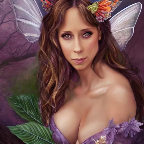 Prompt: portrait of jennifer love hewitt as a fairy with big butterfly wings and a nice cleavage, breast covered by leaf, d & d, fantasy, highly detailed, digital art, artstation, smooth, sharp focus, illustration, art by peter tang and artgem