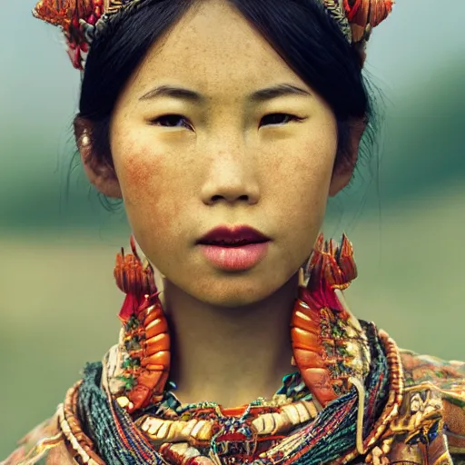 Image similar to vintage portrait of a stunningly beautiful asian tribal female, depth of field, zeiss lens, detailed, symmetrical, centered, fashion photoshoot, by edward s curtis, Annie Leibovitz and Steve McCurry, David Lazar, Jimmy Nelsson, Breathtaking, 8k resolution, extremely detailed, beautiful, establishing shot, artistic, hyperrealistic, beautiful face, octane render