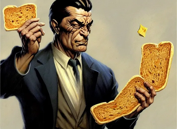Prompt: magic : the gathering fantasy character concept art of the great businessman by frank frazetta, high resolution. a clear portrait of powerful, business man wearing a business suit, holding a wad of money made out of bread, magical bread and toast money swirling around, fantasy coloring, intricate, digital painting, artstation, smooth, sharp focus
