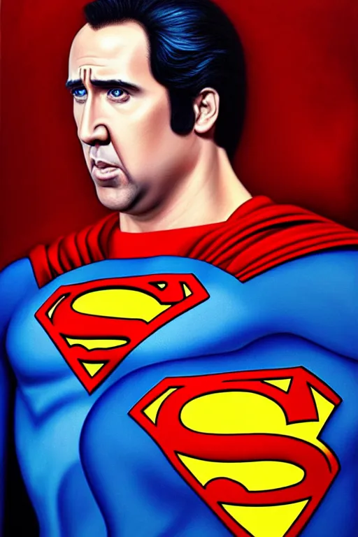 Image similar to portrait of nicolas cage as superman looking away from the camera, intricate, extremely detailed oil painting by mark brooks, artstation