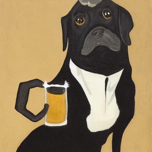 Prompt: a small black dog drinking beer by charles e. burchfield