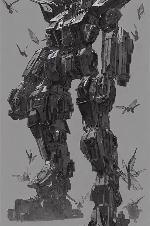 Image similar to very symmetrical!! full body illustrations of mecha, pen and ink, moderately detailed, by james gurney, by greg rutkowski, concept art, moth wing, bird feathers, spread wing, artstation, deviantart, pinterest, unreal engine