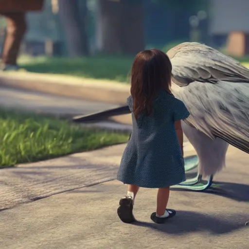 Prompt: a bird helping a little girl with learning to walk, 4k, hyperrealistic, focused, extreme details, masterpiece, unreal engine 5