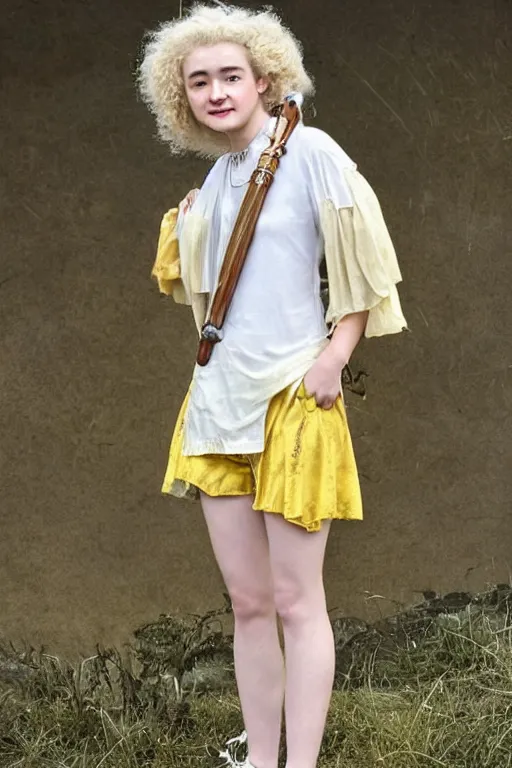 Prompt: fantasy character, photograph. female bard 1 9. pretty face, julia garner, pale skin, shortish sandy - blonde hair, messy curls. petite, ectomorphic, wiry. offwhite, shortsleeved tunic yellow trim, kneelength brown shorts. fancy cittern, fancy dagger. hot mess, extremely charismatic.