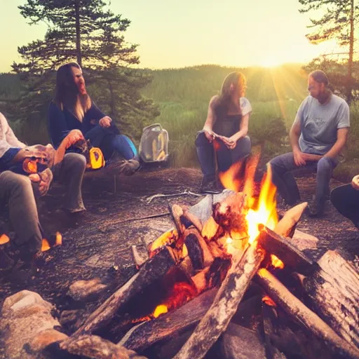 Prompt: angles in heaven looking down onto 6 people around a campfire on earth, dreamy