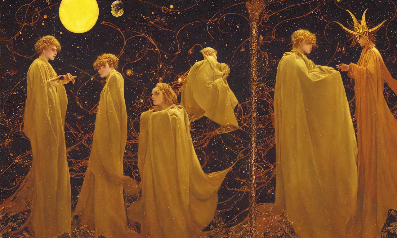 Image similar to sun king and moon prince in the cosmic court of mystical astronomy, art by james c. christensen and thomas cooper gotch
