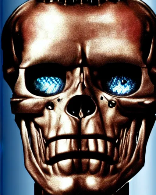 Prompt: arnold schwarzenegger as a damaged t - 1 0 0 terminator, one robotic eye, metal skull photo