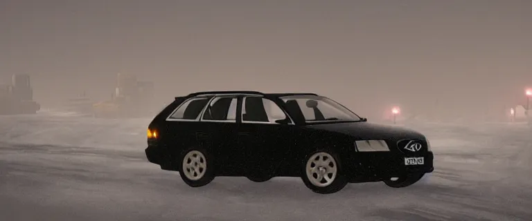 Prompt: Audi A4 B6 Avant (2002), a gritty neo-noir, dramatic lighting, cinematic, eerie person silhouette, death, homicide, homicide in the snow, gunshots, establishing shot, extremely high detail, photorealistic, cinematic lighting, artstation, by simon stalenhag, Max Payne (PC) (2001) winter new york at night, In the style of Max Payne 2 graphic novel, by Saku Lehtinen, flashing lights, Poets of the Fall - Late Goodbye