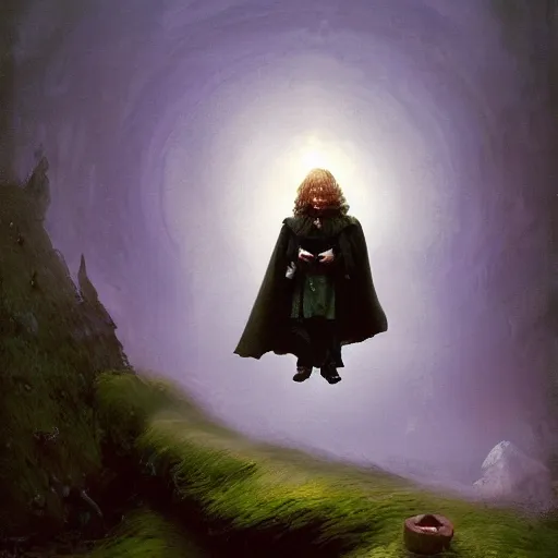 Image similar to portrait of small pale cowardly hobbit man wearing dark cloak, funny artwork, looking terrified, close shot, round face, fantasy artwork, dnd, looking sideways, high fantasy, by karl spitzweg, whimsical