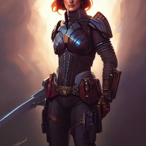 Image similar to Blonde Cobie Smulders as Commander Shepard, western, D&D, fantasy, intricate, elegant, highly detailed, digital painting, artstation, concept art, matte, sharp focus, illustration, art by Artgerm and Greg Rutkowski and Alphonse Mucha