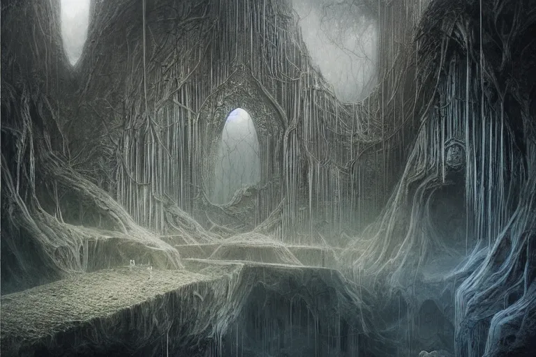 Image similar to Rivendell Himeji Eden hallucination, amazing concept painting, by Jessica Rossier by HR giger by Beksinski,