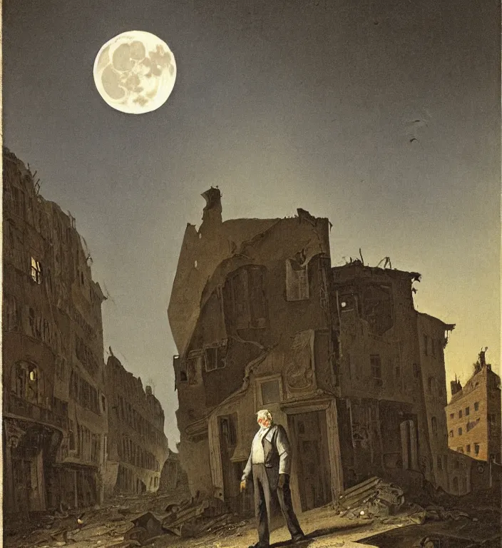 Prompt: old white - headed man under the huge moon on a street of ruined city by phoebe dickinson