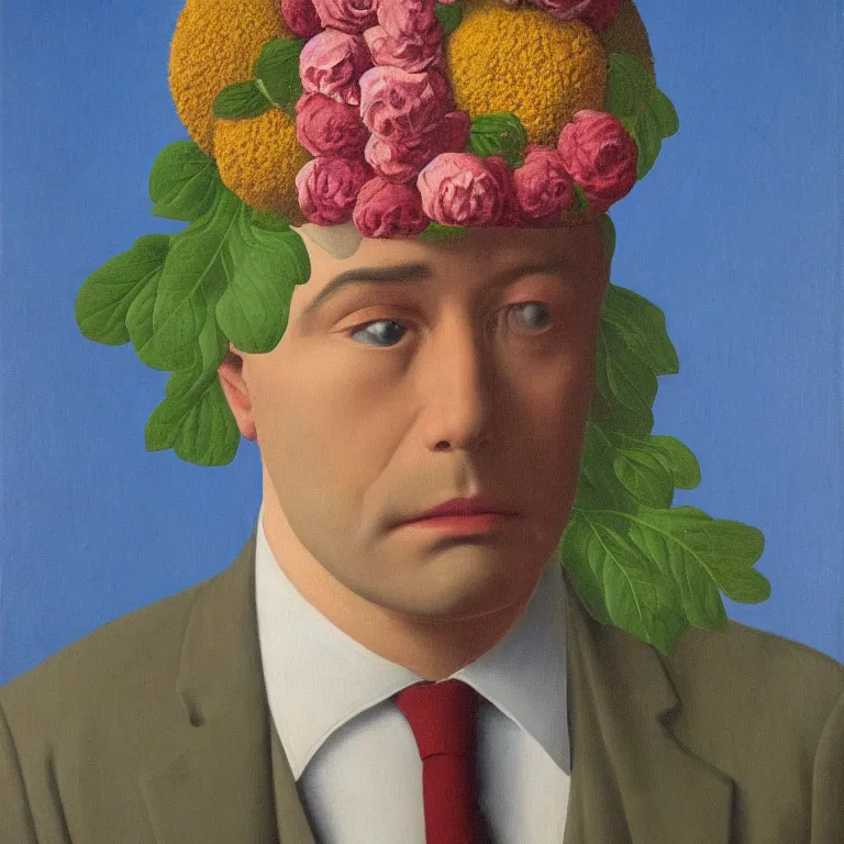 Image similar to portrait of man in a suit, his head is flowers, by rene magritte, detailed painting, hd, hq, high resolution, high detail, 4 k, 8 k