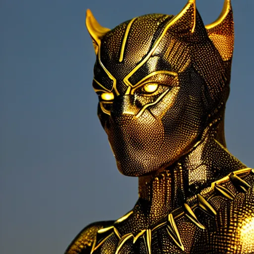 Image similar to a close up photo of a detailed golden statue of Black Panther, 8K,