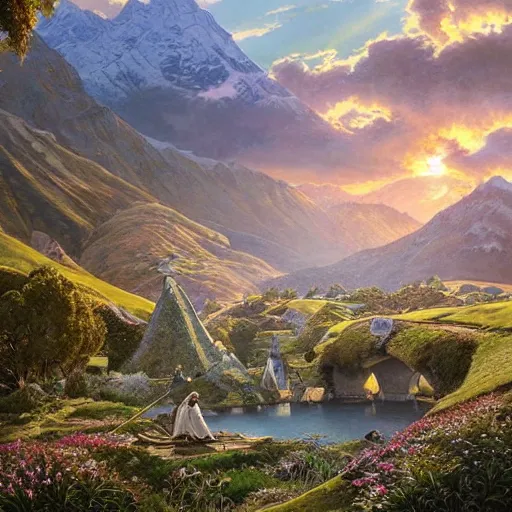 Image similar to a lord of the rings village in large new zealand landscape, shiny colors, high - key lighting, beautiful composition, intricate, elegant, pro photography by, highly detailed, art by artgerm and greg rutkowski and alphonse mucha