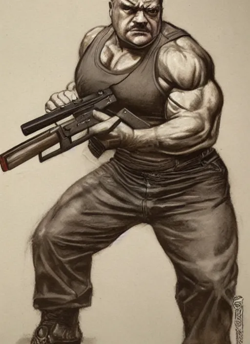 Image similar to gk chesterton as a buff action hero with muscles and a shotgun. portrait by james gurney. realistic face. awesome.