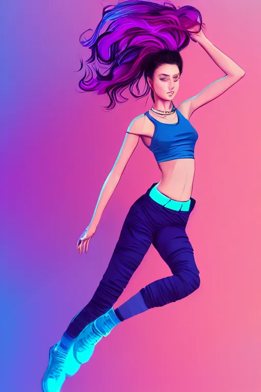 Image similar to a award winning half body porttrait of a beautiful woman in a croptop and cargo pants with ombre purple pink teal hairstyle with head in motion and hair flying, outrun, vaporware, shaded flat illustration, digital art, trending on artstation, highly detailed, fine detail, intricate