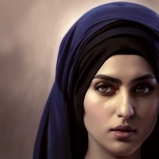 Image similar to a Photorealistic dramatic hyperrealistic render of an arab ameera al taweel, blue eyes, black hair, white veil,by WLOP,Artgerm,Greg Rutkowski,Alphonse Mucha, Beautiful dynamic dramatic dark moody lighting,shadows,cinematic atmosphere,Artstation,concept design art,Octane render,8K