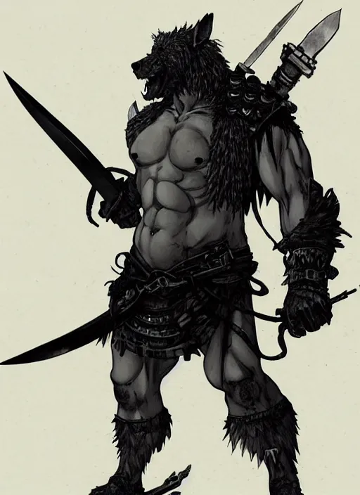Prompt: Full body portrait of giant old gnoll warrior with a giant black blade, emanating with blue aura. In style of Yoji Shinkawa and Hyung-tae Kim, trending on ArtStation, dark fantasy, great composition, concept art, highly detailed, dynamic pose.