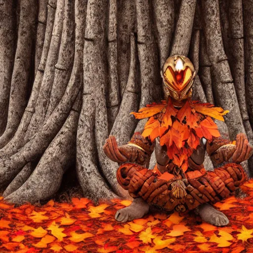 Image similar to warrior with surface of tree - bark, wearing stone wood vines armor, sitting in lotus position by tall tree with red and orange autumn leaves, meditation, highly detailed, dramatic lighting, cinematic, sci - fi, hyperrealistic, detailed