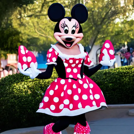 Image similar to transgender minnie mouse costumed character at disneyland, highly detailed, very high resolution, ultra realistic