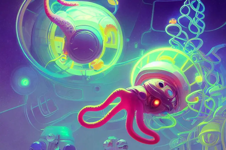 Image similar to adorable neon coloured baby octopus in a space station, elegant, intricate, retrofuturistic digital painting, artstation, concept art, smooth, sharp focus, illustration, art by artgerm and greg rutkowski and alphonse mucha