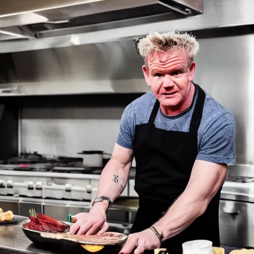 Prompt: Gordon Ramsey cooking a unicorn in a intricate kitchen 4k
