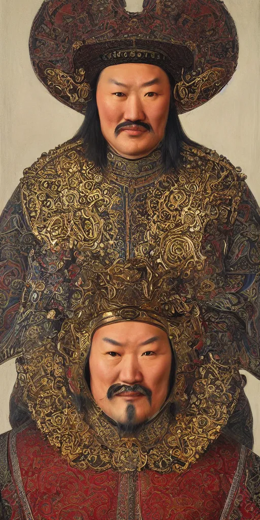 Image similar to a stunning and noble highly detailed romantic period style portrait of Genghis Khan by Josep Tapiró Baró, trending on artstation, oil painting masterpiece, symmetry, fractals, Mongolian iconography