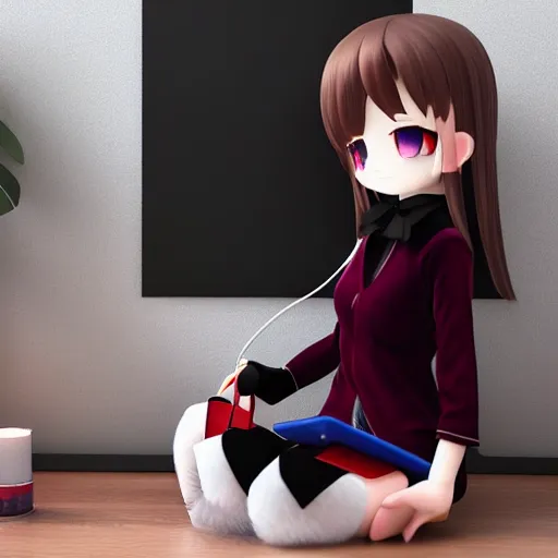 Image similar to cute fumo plush of a girl typing on a phone, velvet, anime girl, vray