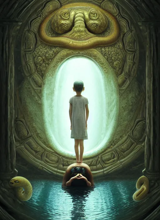 Image similar to hyperreal ultra detailed hypnagogic recollections from the waters of the unconscious. a 3 d psychopomp watching on. a child's face in the mirror, a doorway threshold, a snake, ismooth, sharp focus, global illumination, ornate, art by shaun tan, fenghua zhong and daniel merriam and dan mumford octane render