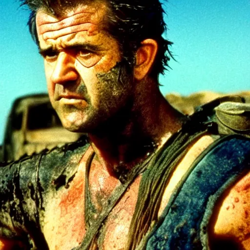 Image similar to mel gibson in mad max fury road, sandstorm scene, awe insipiring, cinestill colour, anamorphic