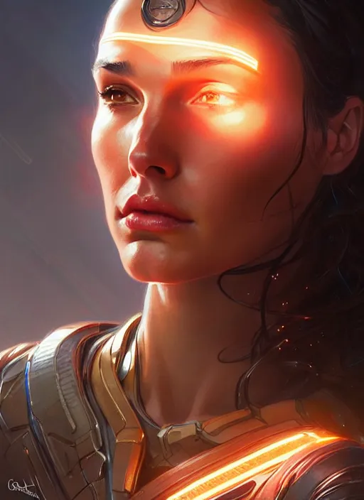 Image similar to portrait of apex legends, gal gadot, intricate, elegant, glowing lights, highly detailed, digital painting, artstation, glamor pose, concept art, smooth, sharp focus, illustration, art by artgerm and greg rutkowski, artey freytag