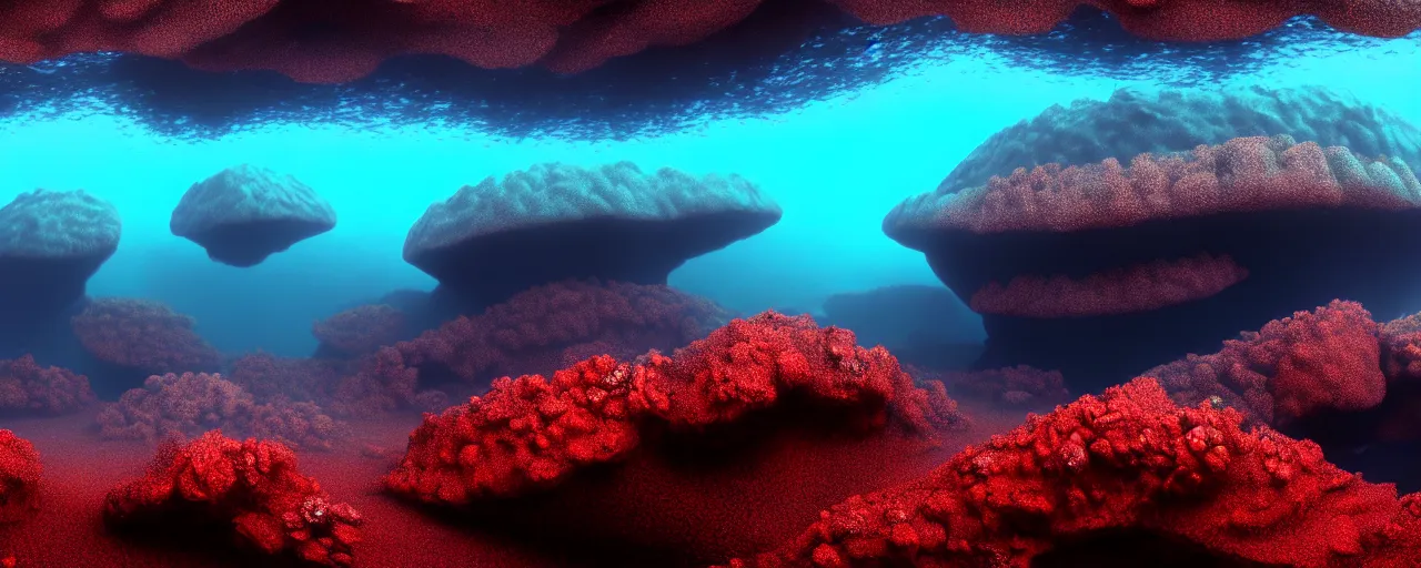 Prompt: A gorgeous detailed oil of a dark red sea covered in big blue steep rocks, a school of piranhas underwater, the further away the mistier it gets, surreal, concept art, dark aesthetic, atmospheric, moody, hyperrealism, highly detailed, masterpiece, award winning, 4k, unreal engine, ray tracing