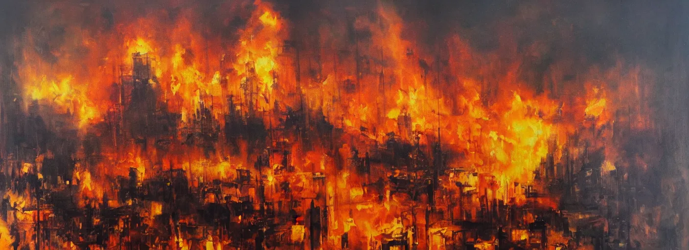 Image similar to a city on fire, oil on canvas