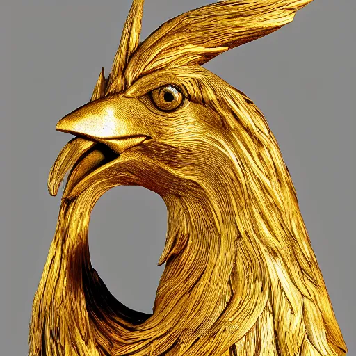 Prompt: a golden rooster sculpture presented in a museum, realistic, ultra high detail, 8 k.