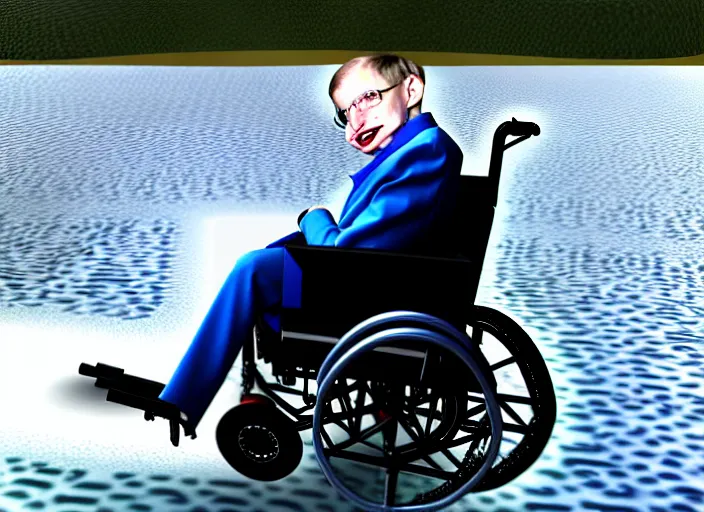 Image similar to stephen hawking wheelchair going across water like a jet ski, realistic, detailed