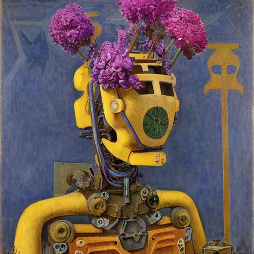 Image similar to a robot wearing a mask made of flowers, by annie swynnerton and diego rivera and nicholas roerich and jean delville, symbolist, dramatic lighting, elaborate geometric ornament, art brut, soft cool colors, smooth, sharp focus, extremely detailed, adolf wolfli and donato giancola and dan munford