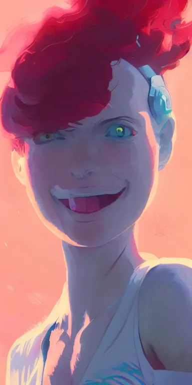 Image similar to synthwave concept art of young cute curvacious redhead cyborg woman softly smiling at camera wearing 🩳 and 👕 illustration illustration concept art anime by wlop and greg rutkowski and makoto shinkai and studio ghibli and kyoto animation acrylic on canvas