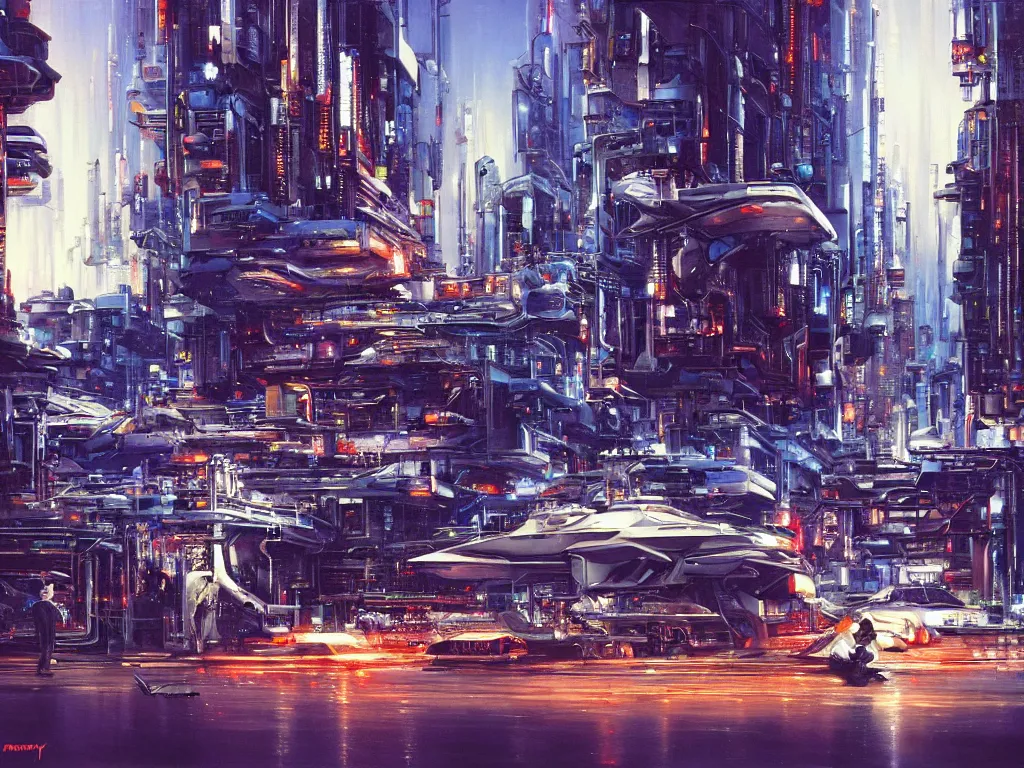 Prompt: hyperrealistic painting of a slice of life from a futuristic city, mechanical designs, high - tech, night, technological, meticulous engineering, cinematic, sharp focus, cyberpunk style, highly detailed, realism, acrylic on canvas, 8 k resolution, concept art, by noriyoshi ohrai, john berkey