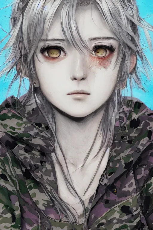 Prompt: silver hair girl ruby (eyes), multicam camo, cinematic portrait, ilustration by Takehiko Inoue