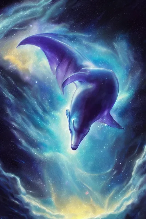 Image similar to Ethereal blue fire dolphin dolphin flying through a nebula, Sirius star system, star dust, cosmic, magical, shiny, glow,cosmos, galaxies, stars, outer space, stunning, by andreas rocha and john howe, and Martin Johnson Heade, featured on artstation, featured on behance, golden ratio, ultrawide angle, hyper detailed, photorealistic, epic composition, wide angle, f32, well composed, UE5, 8k