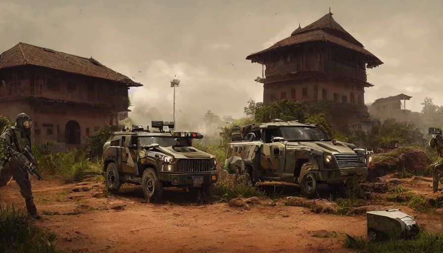 Image similar to a militarized police vehicle riding through a kerala village, troops searching the area, furious action scene, an epic fantasy, dramatic lighting, cinematic, establishing shot, extremely high detail, photorealistic, cinematic lighting, artstation, matte painting, octane render, by simon stalenhag, shadow of the tomb raider, diorama