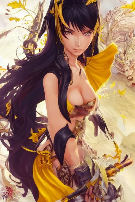 Image similar to Megan Fox using a yellow summer dress in a blade and soul spinoff artbook rendered by the artist Taran Fiddler, Joe Madureira, Nadezhda Tikhomirova, Jiyun Chae, Lê Long, trending on Artstation by Hyung Tae Kim, artbook, Stanley Artgerm Lau, WLOP, Rossdraws , James Gurney