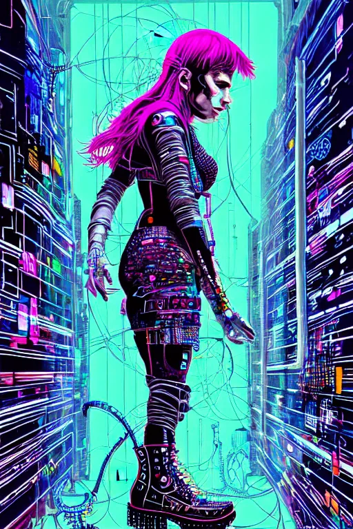 Image similar to dreamy cyberpunk girl with punky boots, abstract background, digital nodes, beautiful woman, detailed acrylic, grunge, intricate complexity, by dan mumford and by damien hirst