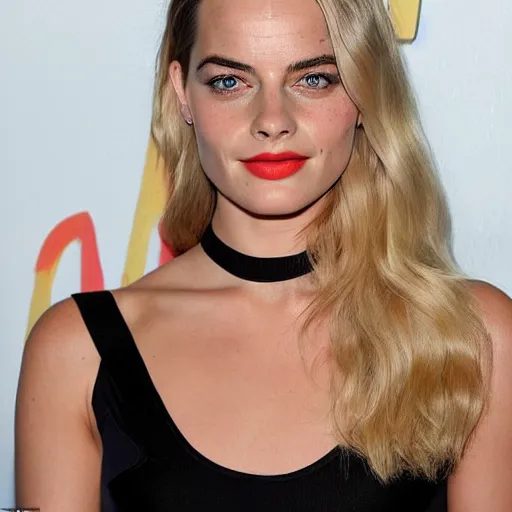 Image similar to a woman who is a genetic combination of margot robbie and emma watson face and upper - body focus