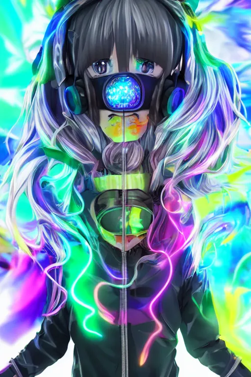 Image similar to portrait of an 3d anime character with cute sparkly eyes wearing a psychedelic holographic hoodie and headphones, long hair with pastel colors, wearing a cute face gas mask in the style of code vein by Kurumi Kobayashi Koichi Itakura, 3d anime, octane render, dynamic dramatic lighting, with glitch and chromatic abbreviations, artstation, cgsociety, imaginefx, by anime concept artist, rendered in unreal engine, by WENJR, WLOP, artgerm