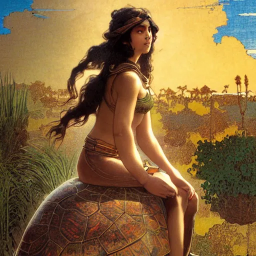 Image similar to a little warrior girl sitting on top of one giant turtle that is walking in the desert. the girl has dark skin and beautiful green eyes, realistic full body and a very beautiful detailed symmetrical face with long black hair. diffuse light, dramatic sky and landscape, long shot fantasy illustration by mucha