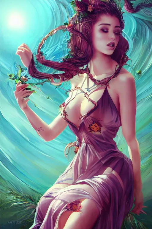 Image similar to Succubus in sundress portrait, by artgerm, WLOP and Ross Tran, blossoming geometric explosion from below