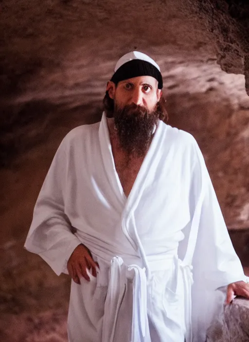 Image similar to photograph of a jewish prophet in his 3 0 s wearing a white robe, cinematic, epic framing, closeup, dslr, spiritual, candle lit cave background