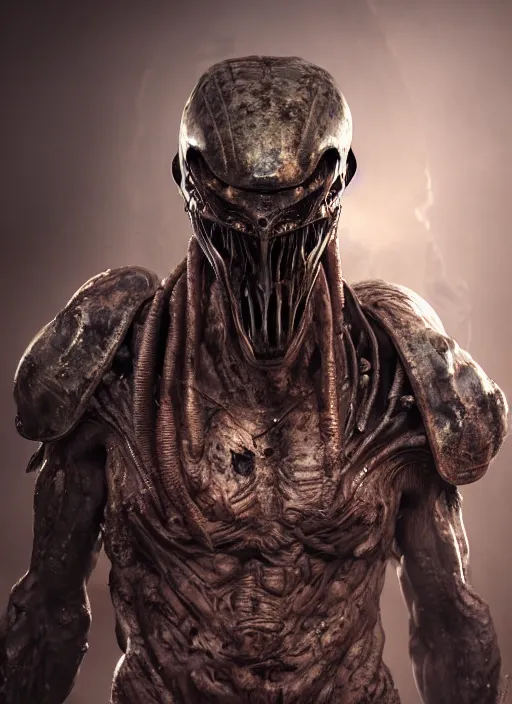 Image similar to a photorealistic dramatic hyperrealistic render of predator the alien hunter, ultra realistic details, well worn, rust, oil stains designed by vitaly bulgarov and mike nash, beautiful dramatic dark moody tones and lighting, cinematic atmosphere, studio lighting, global illumination, shadows, dark background, octane render, 8 k